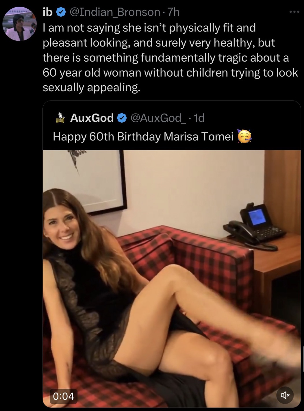 marisa tomei 60 - ib Bronson .7h I am not saying she isn't physically fit and pleasant looking, and surely very healthy, but there is something fundamentally tragic about a 60 year old woman without children trying to look sexually appealing. AuxGod 1d Ha